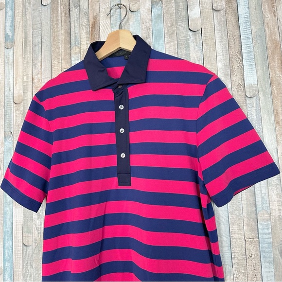 Greyson M Pink & Navy Stripe Pima Cotton Golf Polo Shirt Top Contrast Collar - Picture 5 of 8